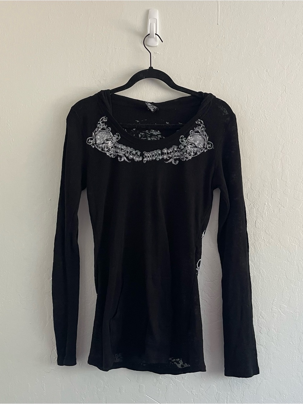 Y2K Metal Mulisha Black Semi Sheer Long Sleeve Hoodie Graphic Spellout Size XL